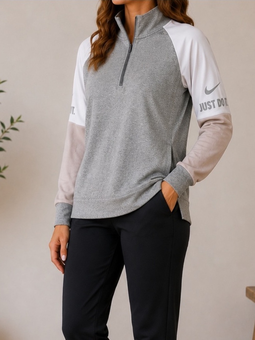 Nike Dri-Fit 1/4 Zip Pullover Athletic Jacket S Gray, White, Light Taupe